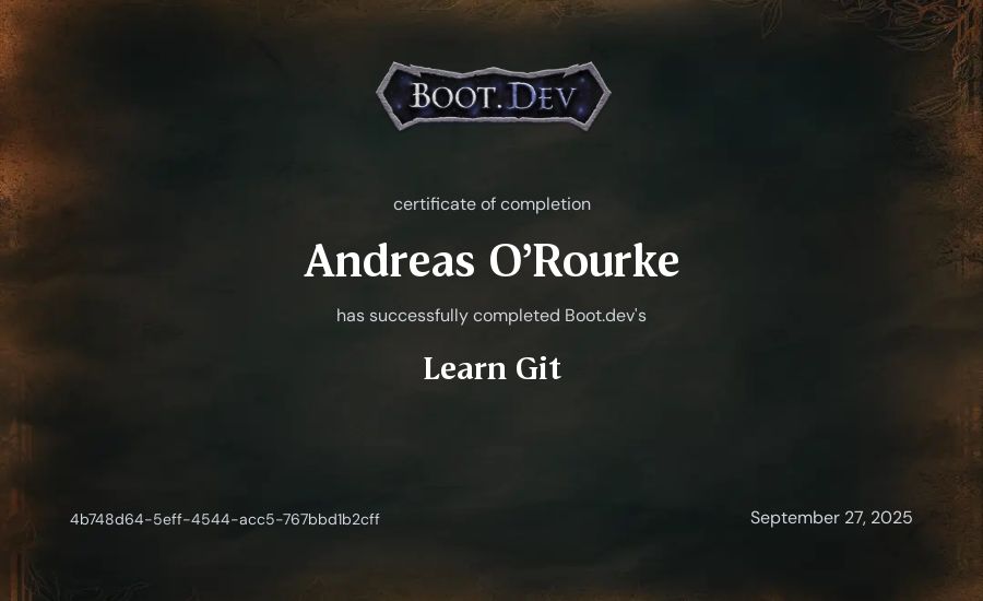 Andreas O'Rourke's Boot.dev Learn Git certificate