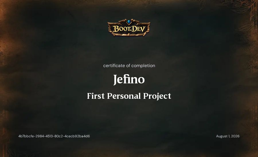 Jefino's Boot.dev First Personal Project certificate