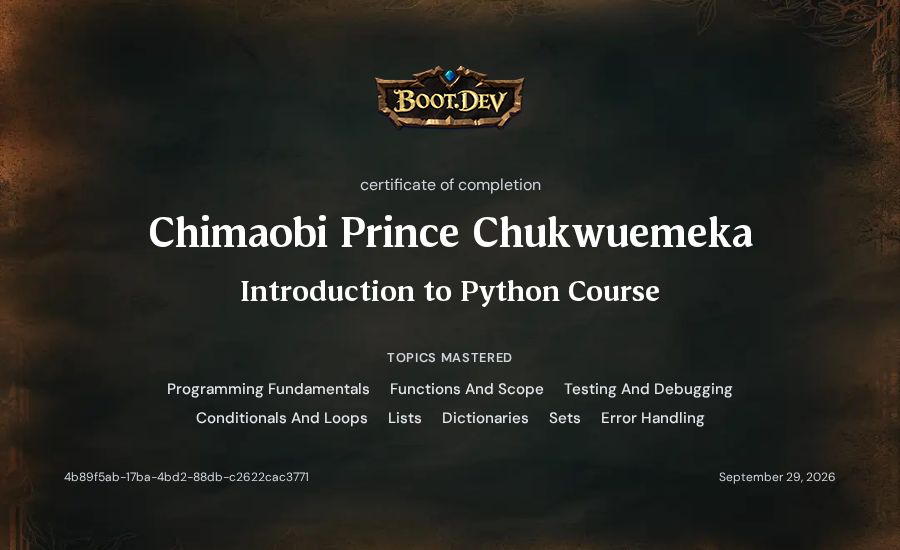 Chimaobi Prince Chukwuemeka's Boot.dev Introduction to Python Course certificate