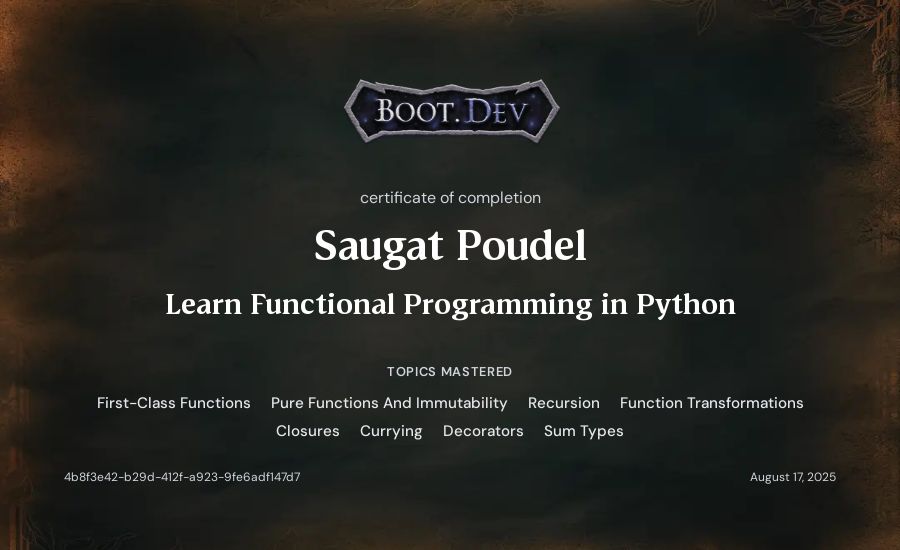 Saugat Poudel's Boot.dev Learn Functional Programming in Python certificate