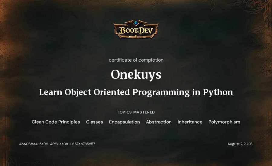 Onekuys's Boot.dev Learn Object Oriented Programming in Python certificate