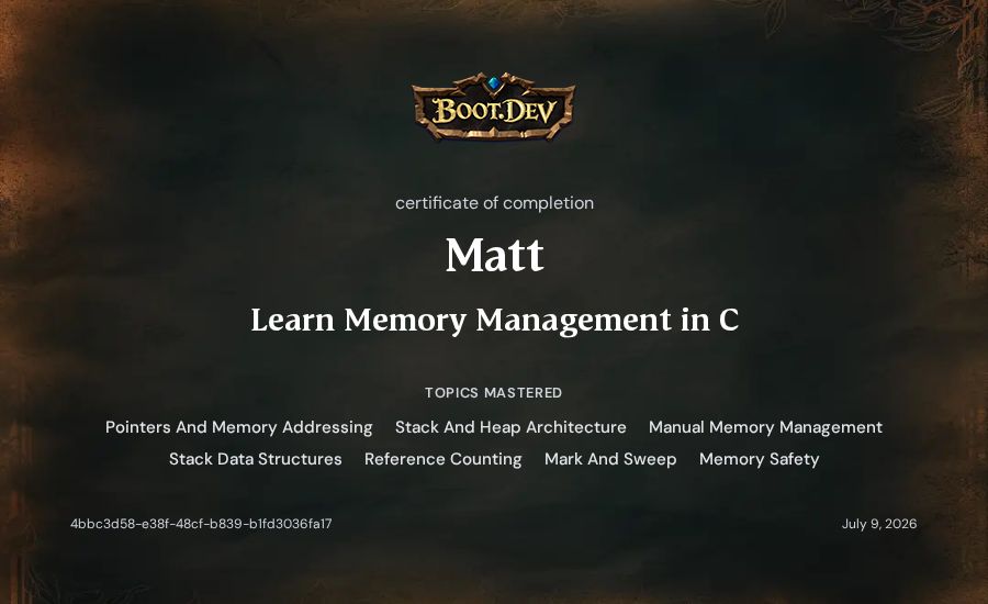 Matt's Boot.dev Learn Memory Management in C certificate