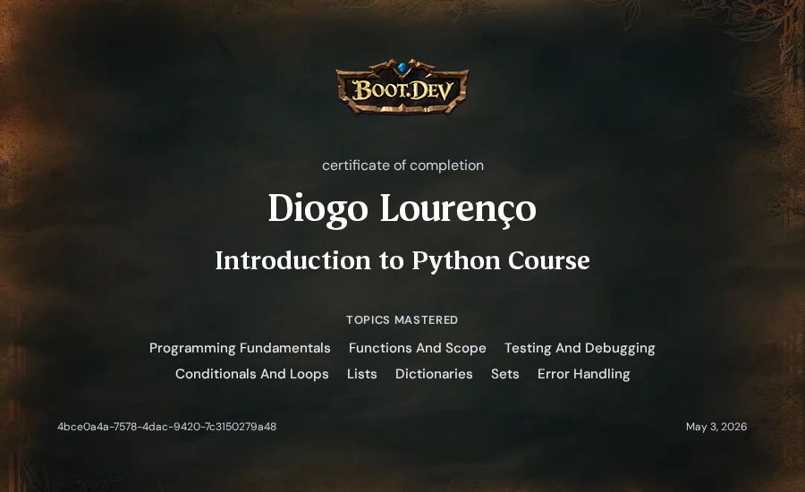 Diogo Lourenço's Boot.dev Introduction to Python Course certificate