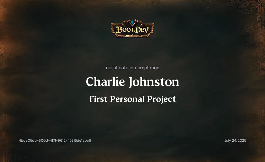 Charlie Johnston's Boot.dev First Personal Project certificate