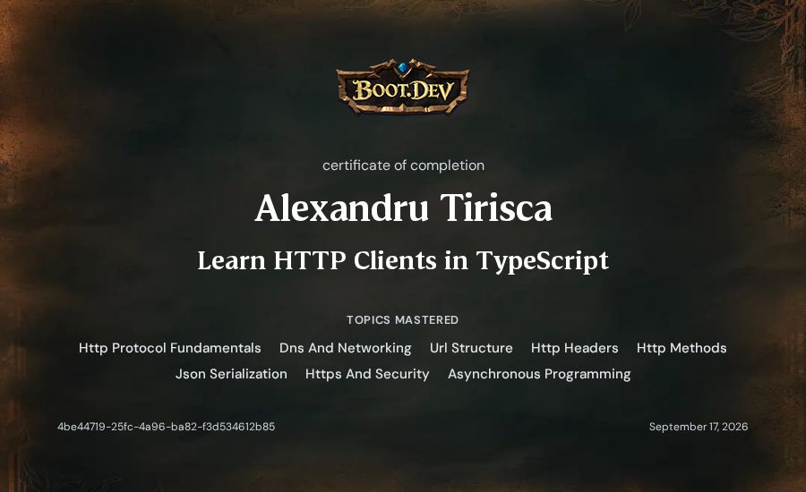 Alexandru Tirisca's Boot.dev Learn HTTP Clients in TypeScript certificate