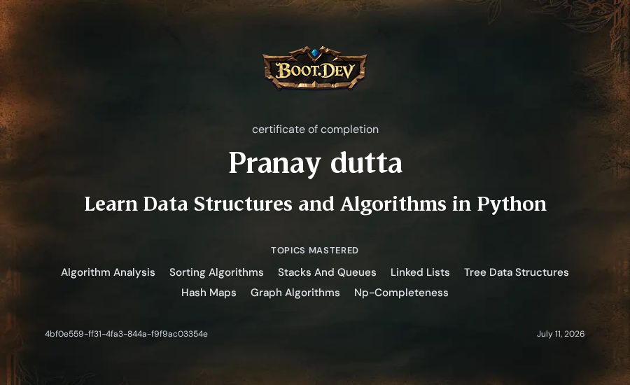 Pranay dutta's Boot.dev Learn Data Structures and Algorithms in Python certificate