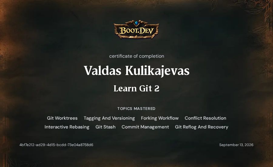 Valdas Kulikajevas's Boot.dev Learn Git 2 certificate