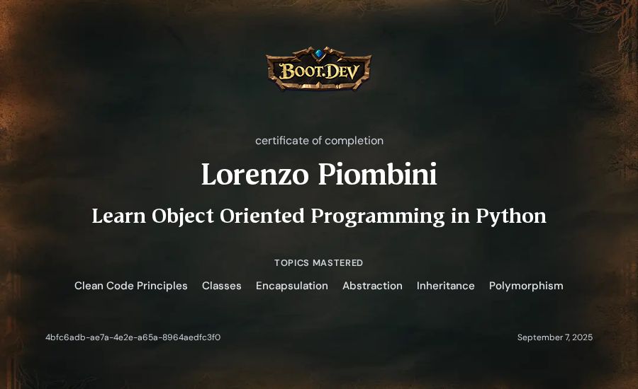 Lorenzo Piombini's Boot.dev Learn Object Oriented Programming in Python certificate