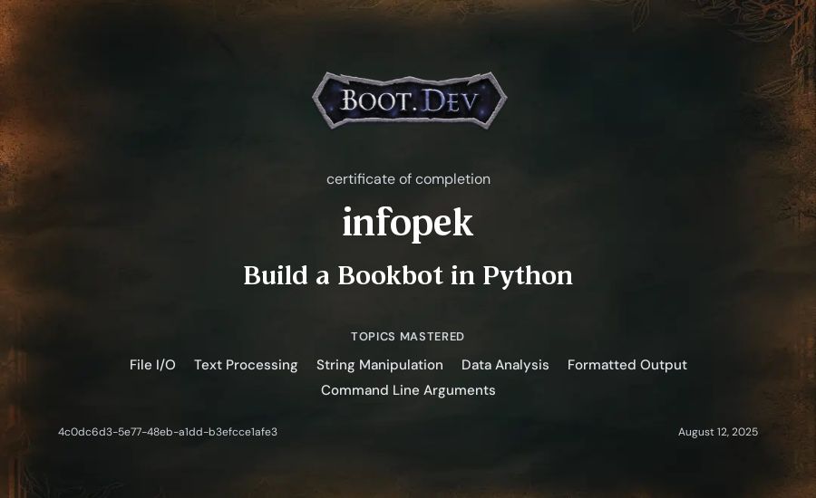 infopek's Boot.dev Build a BookBot in Python certificate