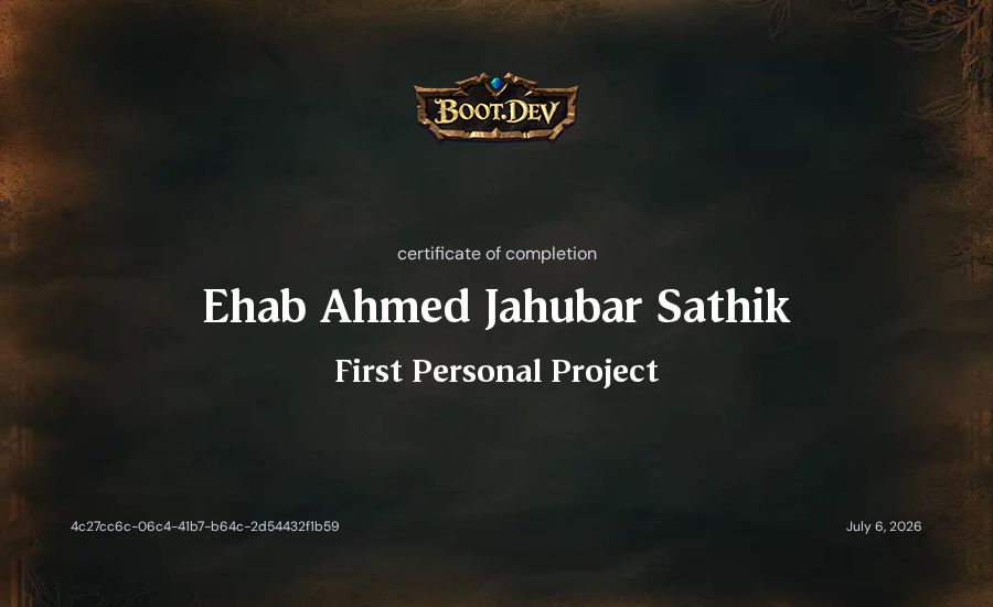 Ehab Ahmed Jahubar Sathik's Boot.dev First Personal Project certificate