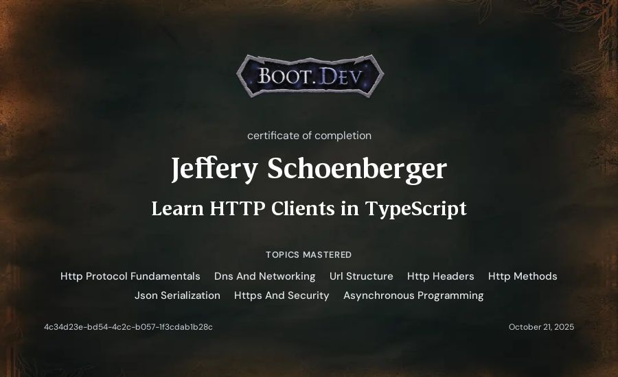 Jeff Schoenberger's Boot.dev Learn HTTP Clients in TypeScript certificate