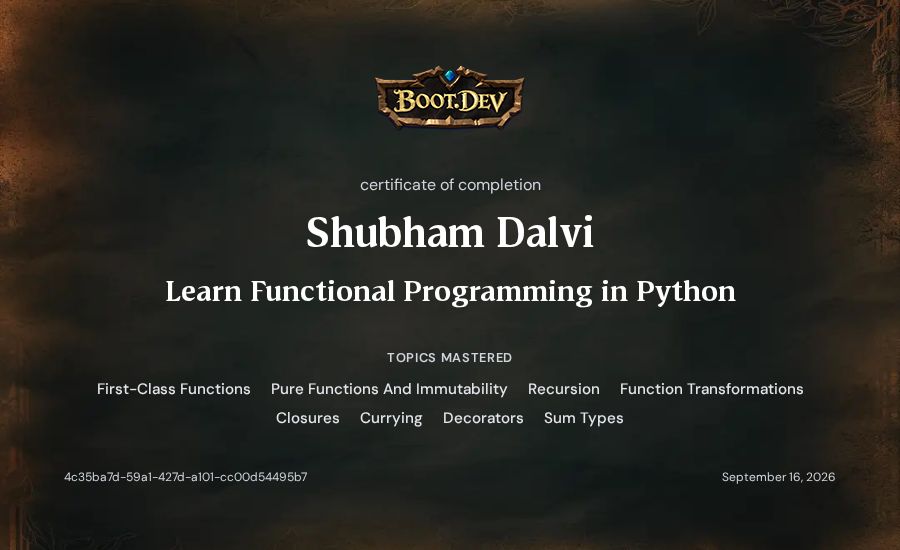 Shubham Dalvi's Boot.dev Learn Functional Programming in Python certificate