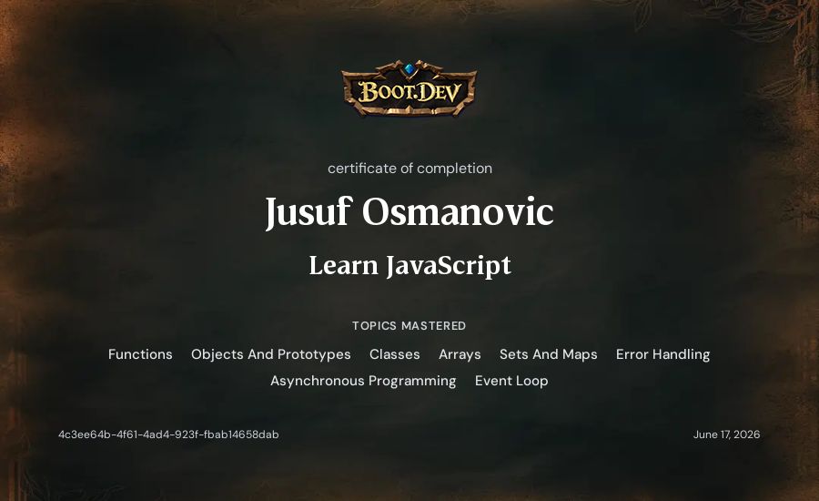 Jusuf Osmanovic's Boot.dev Learn JavaScript certificate
