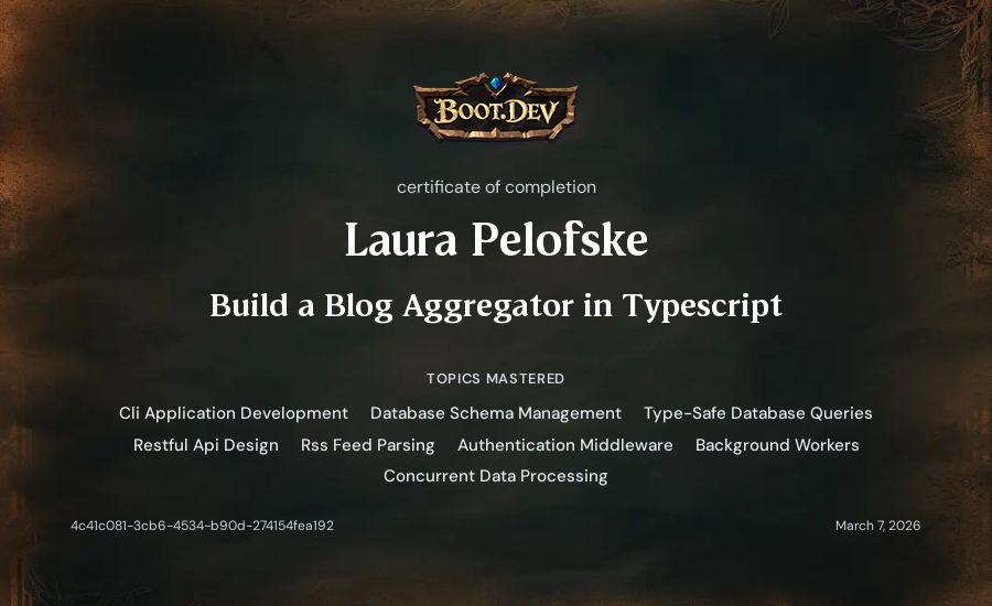 Laura Pelofske's Boot.dev Build a Blog Aggregator in TypeScript certificate