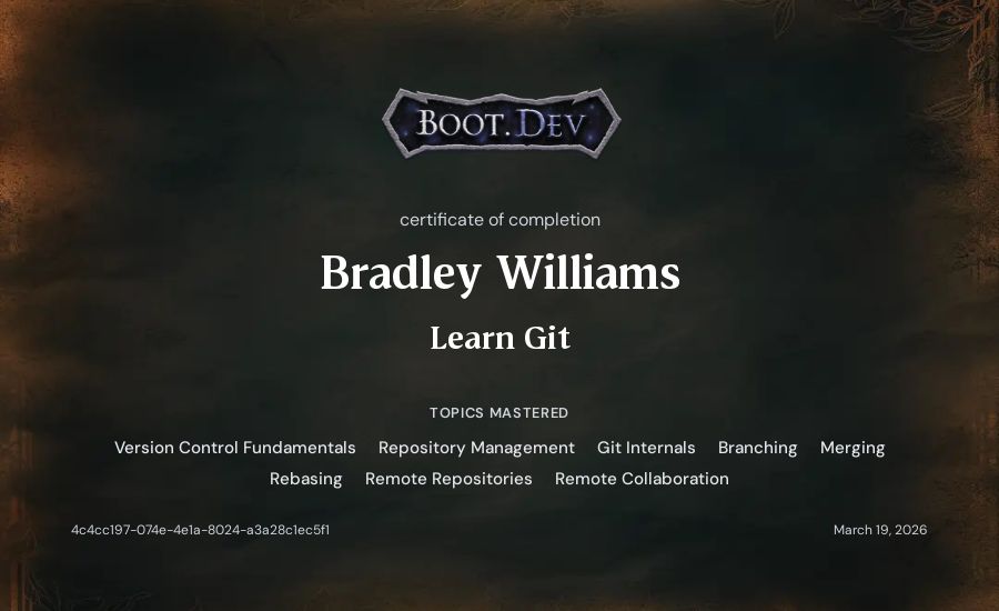 Bradley Williams's Boot.dev Learn Git certificate