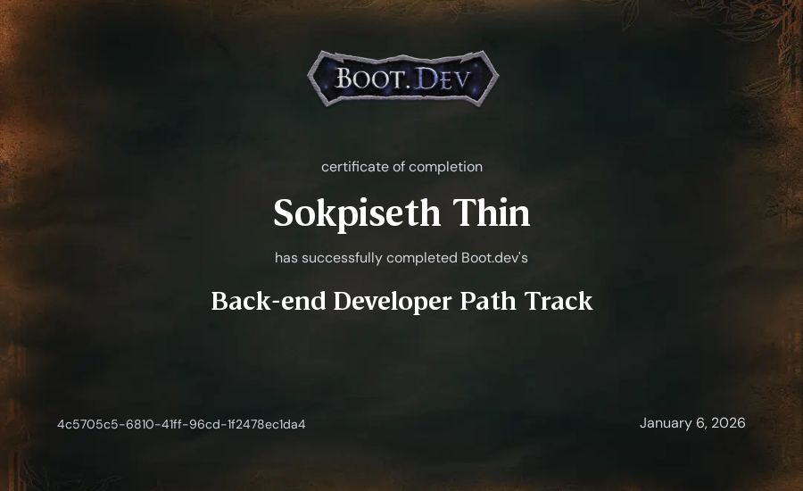 Sokpiseth Thin's Boot.dev Backend Developer Path (TypeScript) certificate