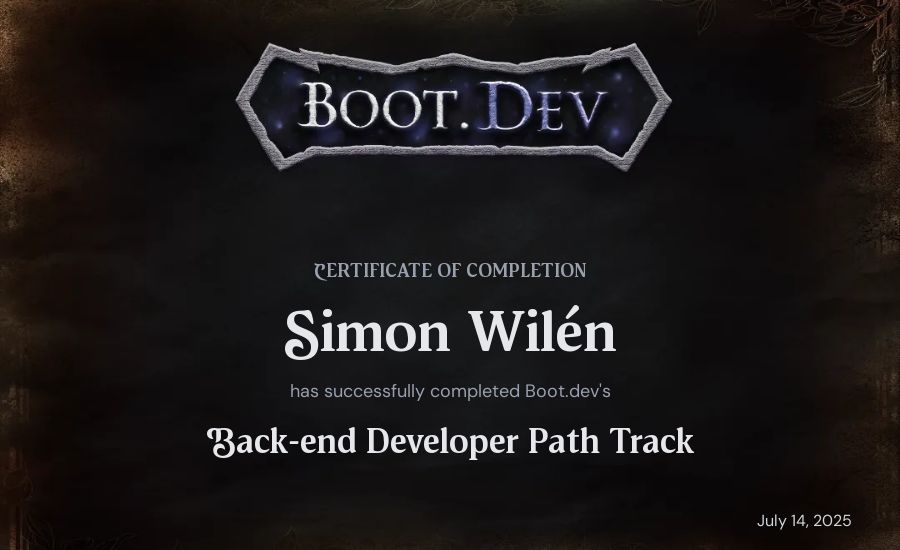 Simon Wilén's Boot.dev Backend Developer Path certificate