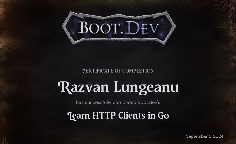 Razvan Lungeanu's Boot.dev Learn HTTP Clients in Go certificate