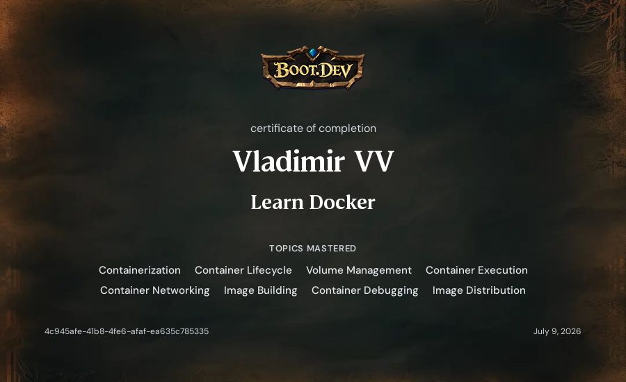 Vladimir VV's Boot.dev Learn Docker certificate