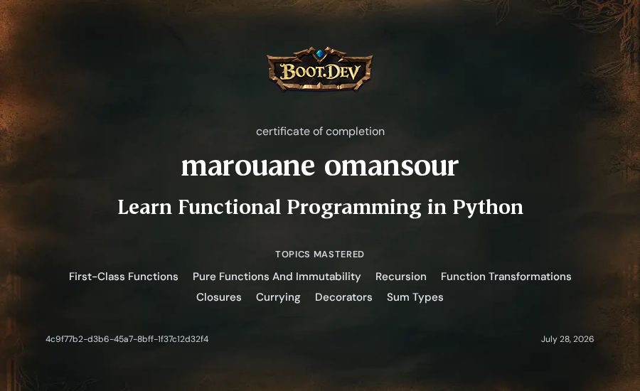 marouane omansour's Boot.dev Learn Functional Programming in Python certificate
