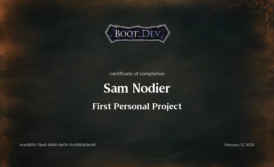Sam Nodier's Boot.dev First Personal Project certificate