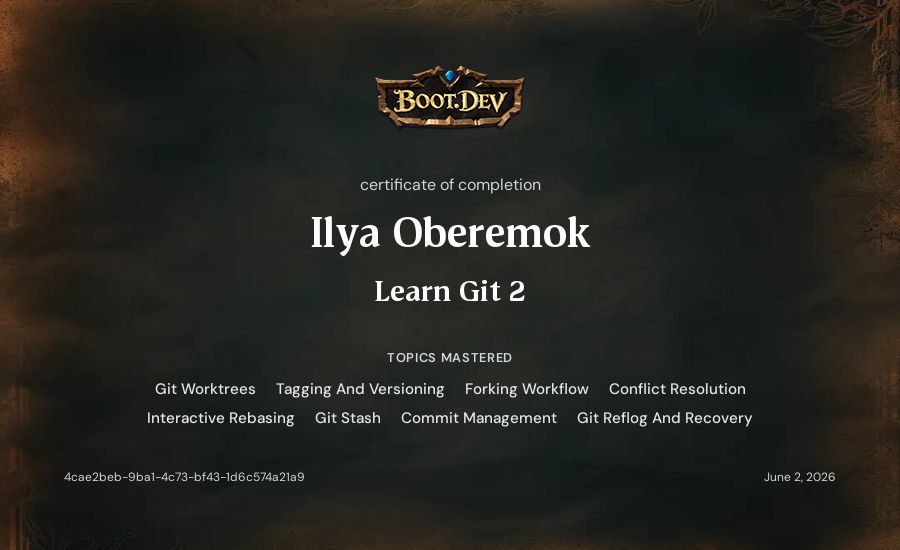 Ilia Oberemok's Boot.dev Learn Git 2 certificate