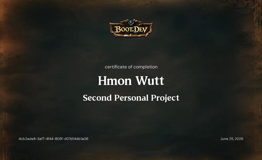 Hmon Wutt's Boot.dev Second Personal Project certificate