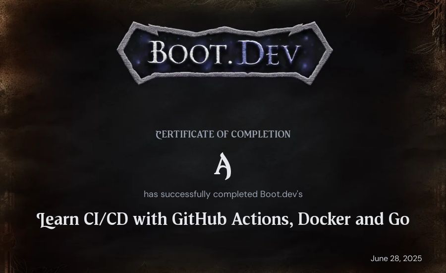 A's Boot.dev Learn CI/CD with GitHub Actions, Docker and Go certificate