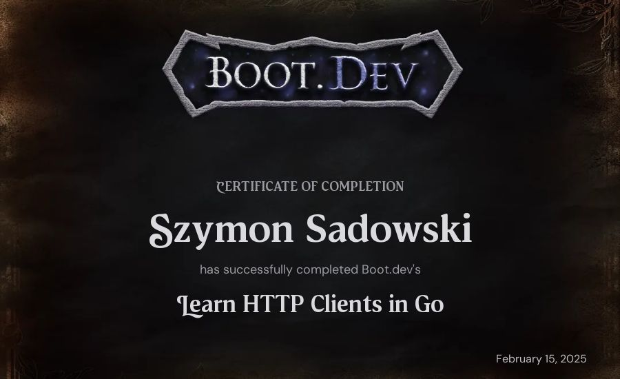 Szymon Sadowski's Boot.dev Learn HTTP Clients in Go certificate
