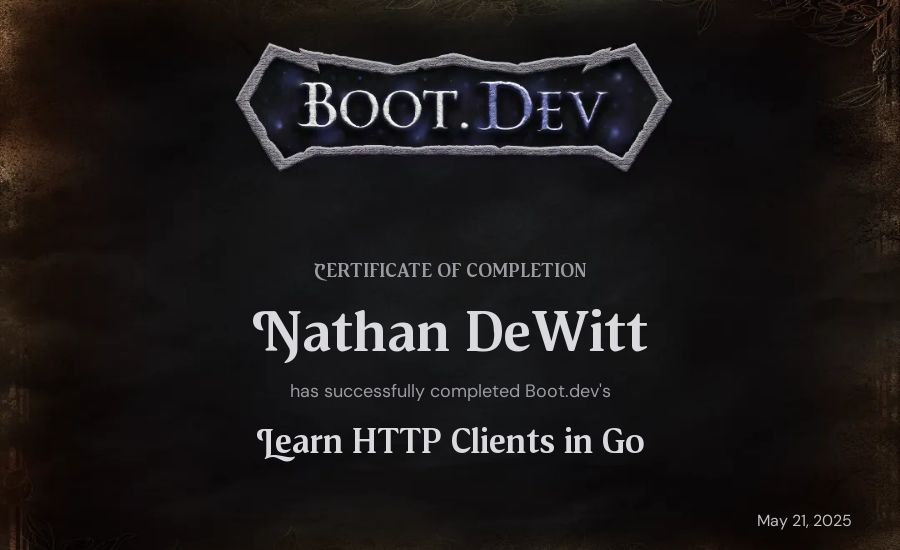 Nathan DeWitt's Boot.dev Learn HTTP Clients in Go certificate