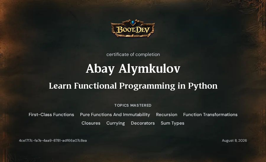 Abay Alymkulov's Boot.dev Learn Functional Programming in Python certificate