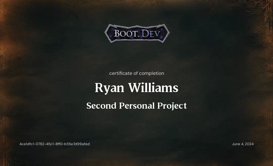 Ryan Williams's Boot.dev Second Personal Project certificate