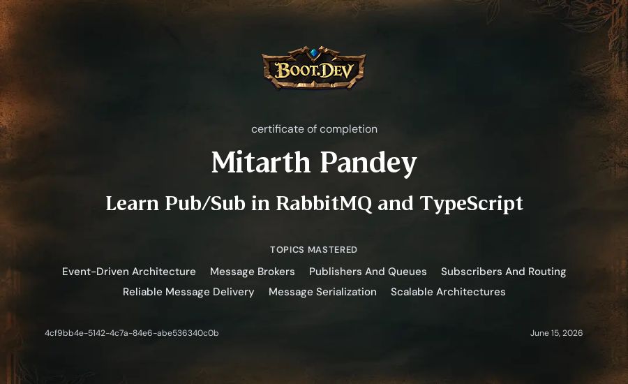 Mitarth Pandey's Boot.dev Learn Pub/Sub in RabbitMQ and TypeScript certificate