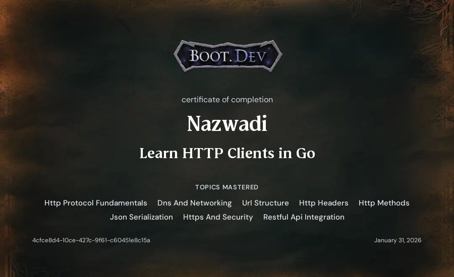 Nazwadi's Boot.dev Learn HTTP Clients in Go certificate