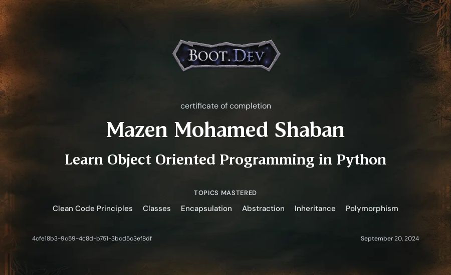 Mazen Mohamed Shaban's Boot.dev Learn Object Oriented Programming in Python certificate