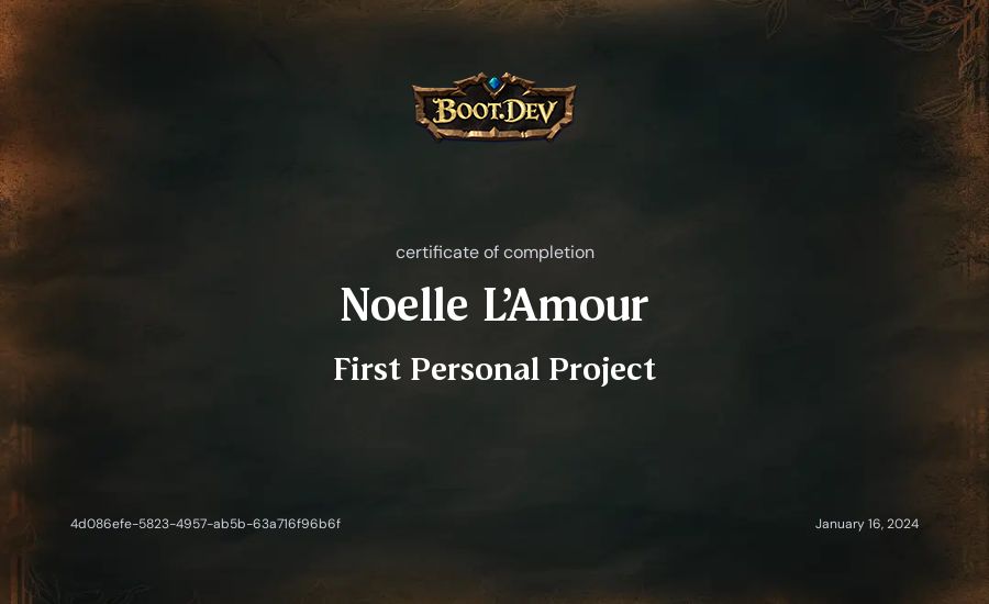 Noelle L'Amour's Boot.dev First Personal Project certificate