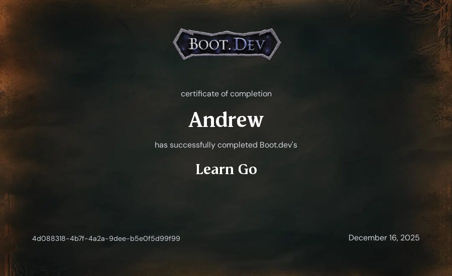 Andrew's Boot.dev Learn Go certificate