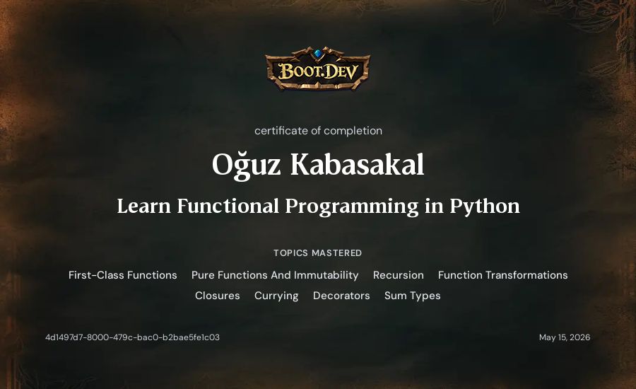 Oğuz Kabasakal's Boot.dev Learn Functional Programming in Python certificate