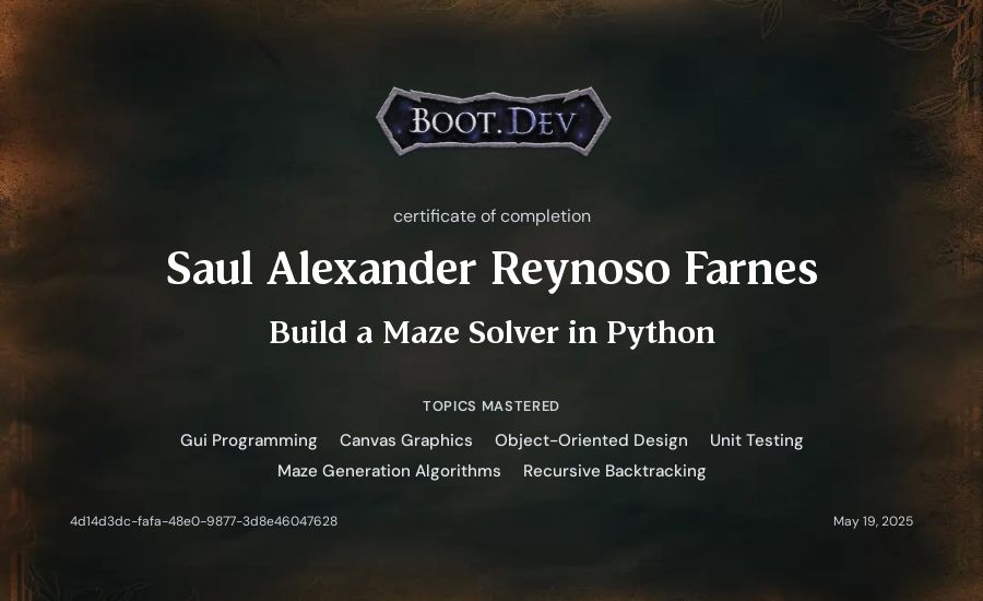 Saul Alexander Reynoso Farnes's Boot.dev Build a Maze Solver in Python certificate
