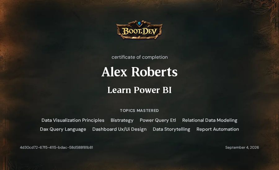 Alex Roberts's Boot.dev Learn Power BI certificate