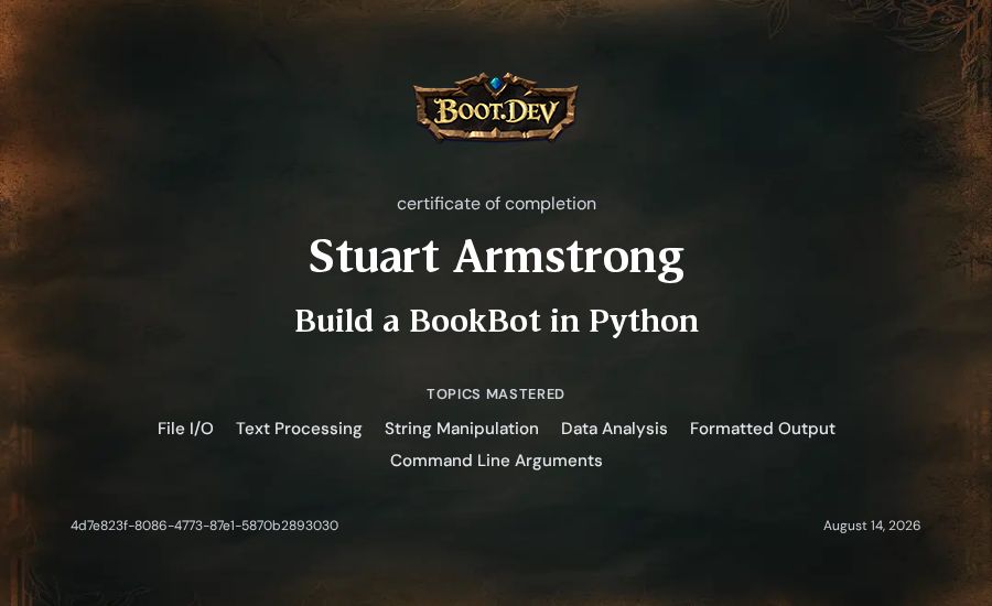 Stuart Armstrong's Boot.dev Build a BookBot in Python certificate