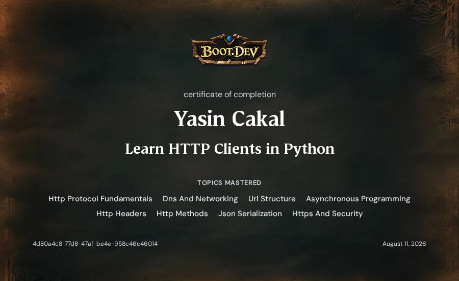 Yasin Cakal's Boot.dev Learn HTTP Clients in Python certificate