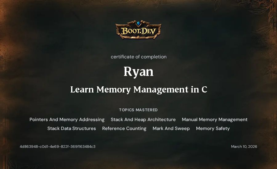 Ryan's Boot.dev Learn Memory Management in C certificate