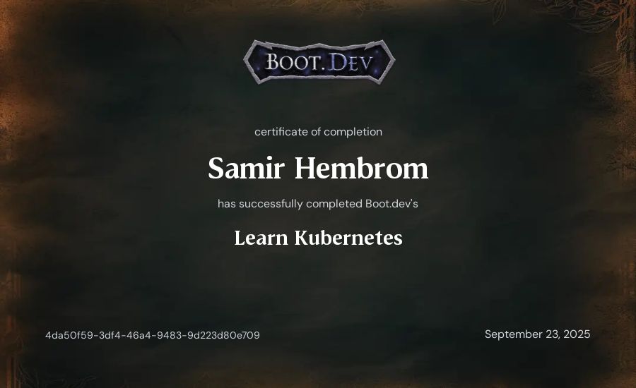 Samir Hembrom's Boot.dev Learn Kubernetes certificate