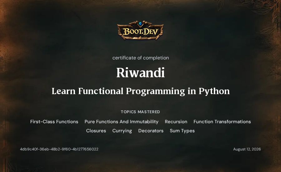 Riwandi's Boot.dev Learn Functional Programming in Python certificate