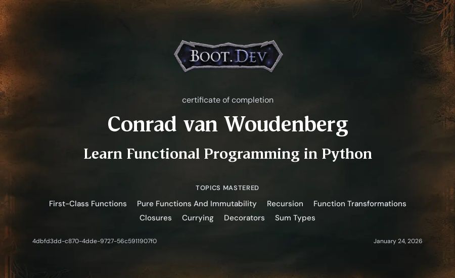 Conrad van Woudenberg's Boot.dev Learn Functional Programming in Python certificate