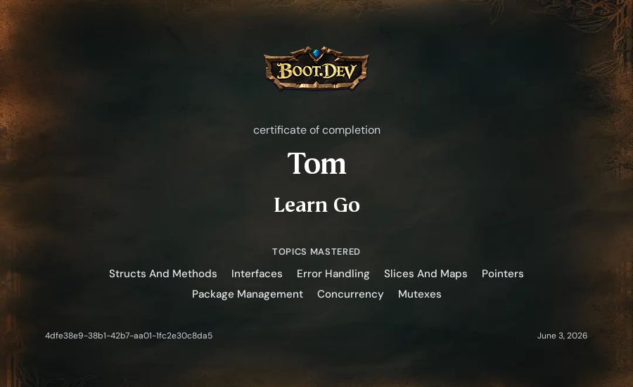 Tom's Boot.dev Learn Go certificate