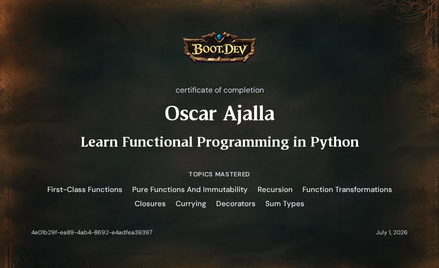 Oscar Ajalla's Boot.dev Learn Functional Programming in Python certificate
