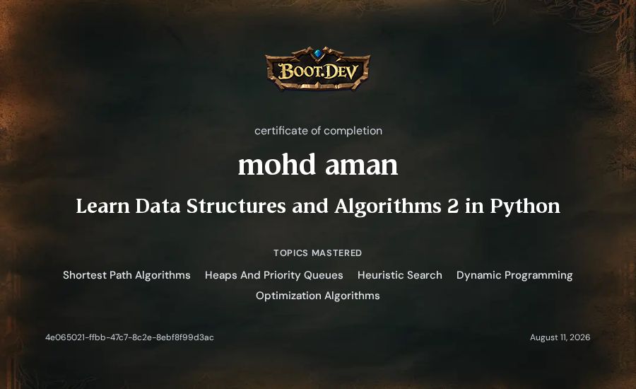 mohd aman's Boot.dev Learn Data Structures and Algorithms 2 in Python certificate