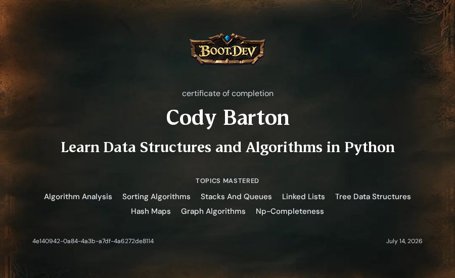 Cody Barton's Boot.dev Learn Data Structures and Algorithms in Python certificate